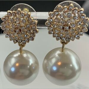 GOLDTONE PAVE RHINESTONE FAUX PEARL DROP DANGLE EARRINGS